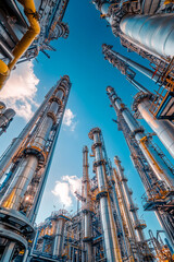 Obraz premium A large-scale view of a massive oil and gas refinery complex, with towering smokestacks and intricate networks of pipes against a vibrant blue sky with a few clouds.