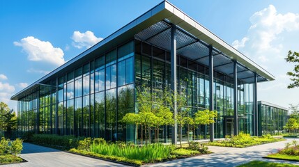 Fototapeta premium Solar-powered factory with modern architecture and greenery.