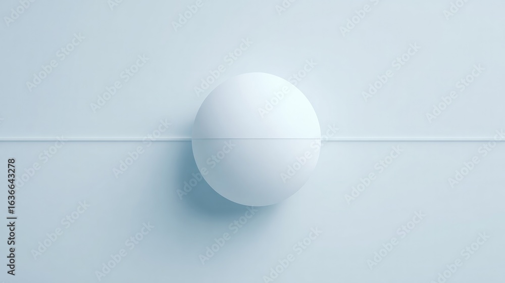 Poster spherical object centered against minimalistic pale background,
