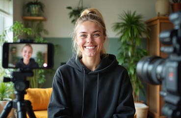 Young woman with blonde ponytail smiles into camera recording video at home. Wears black hoodie. Beside, smartphone on tripod shows own image, professional camera in foreground. Cozy room with plants.