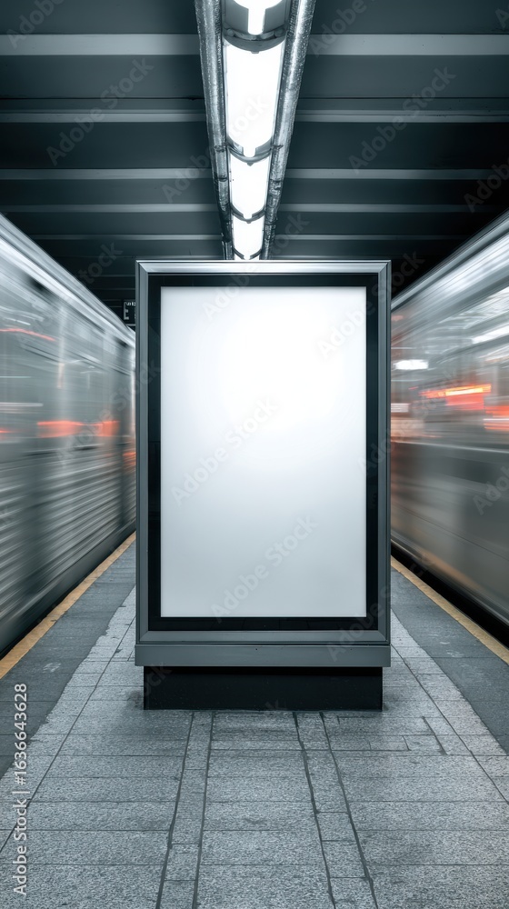 Poster stunning photo of empty advertisement display in nyc subway station. fast moving train visible in ba