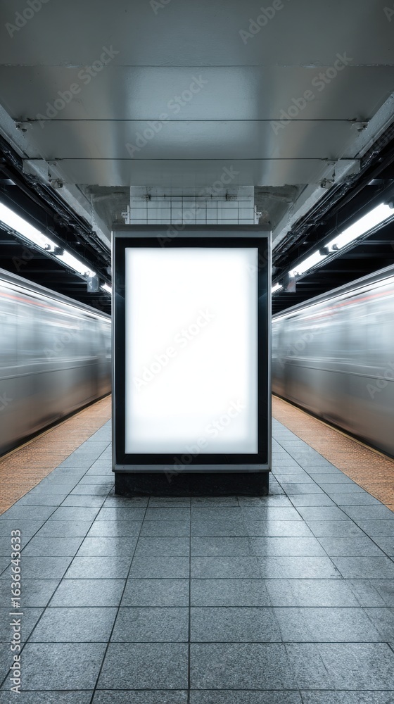 Poster stunning photo of empty advertisement display in nyc subway station. fast moving train visible in ba