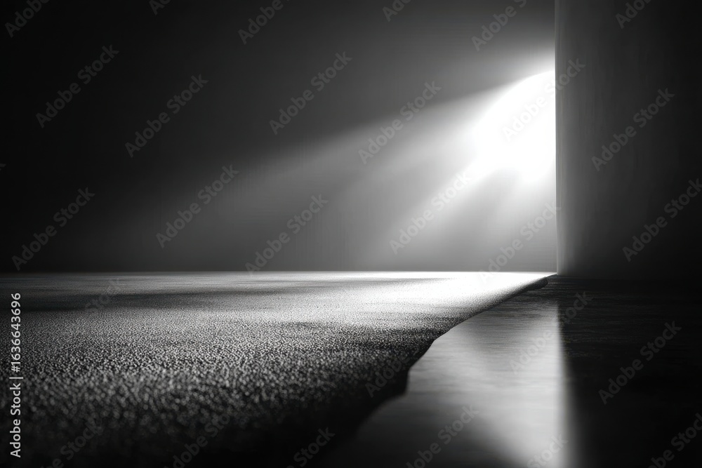 Poster monochromatic scene with light ray and reflective surface in minimalistic style