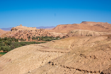 Morocco - The beauty  landscape, view of fortified village Ait Benhaddou, a great example of Moroccan clay architecture. North Africa. UNESCO World Heritage Site
