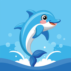 Fototapeta premium Cute cartoon dolphin leaping joyfully from blue ocean water