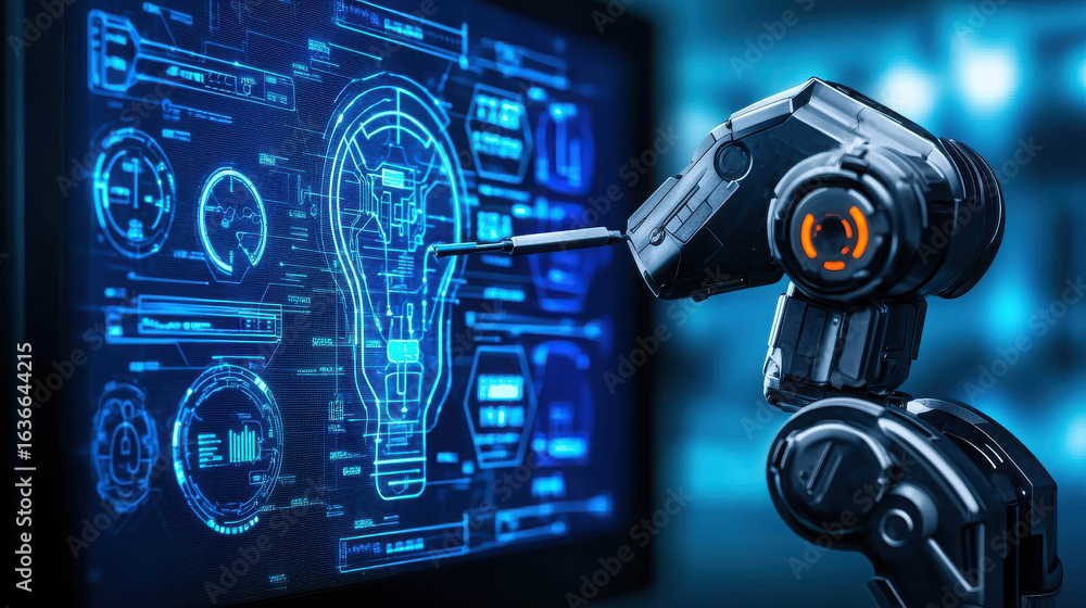 Poster advanced robotic arm interacting with futuristic holographic interface showcasing diagnostic and mon