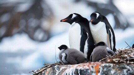 Fototapeta premium A colony of Adelie penguins nesting on rocky shores near the frozen ocean