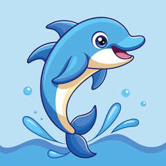 Naklejka premium Cute cartoon dolphin jumping out of blue water with splashes