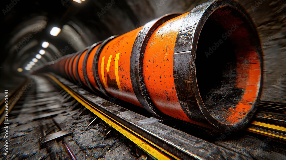 Poster rusty orange pipe lying on track in a dimly lit tunnel with blurred background and textured surfaces