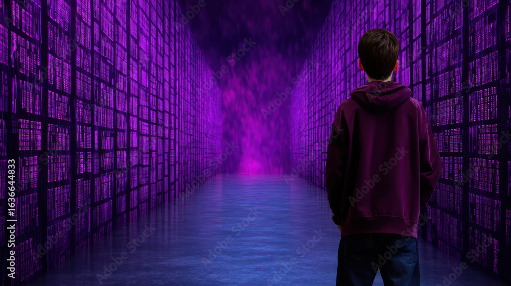 Poster young person standing in a dark cyber environment surrounded by digital data, exploring the future o