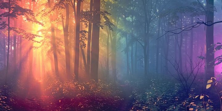 Walkling through a dreamy ethereal beautiful colourful forest