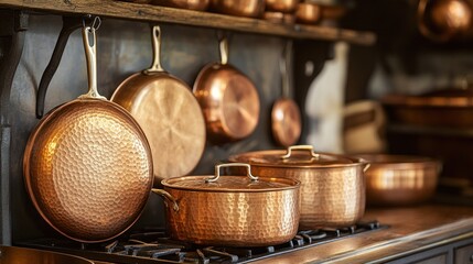 Copper cookware collection on a kitchen shelf