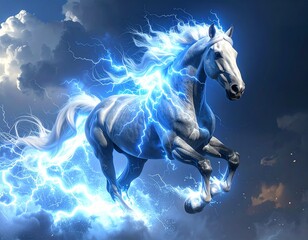 Obraz premium A beautiful white mare with a flowing mane running at a gallop in the snowy night