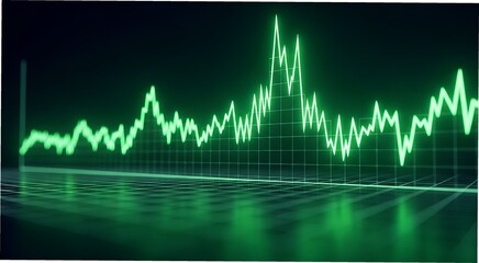 Vibrant green digital waveform graphic representing financial market fluctuations and data analysis on a dark background