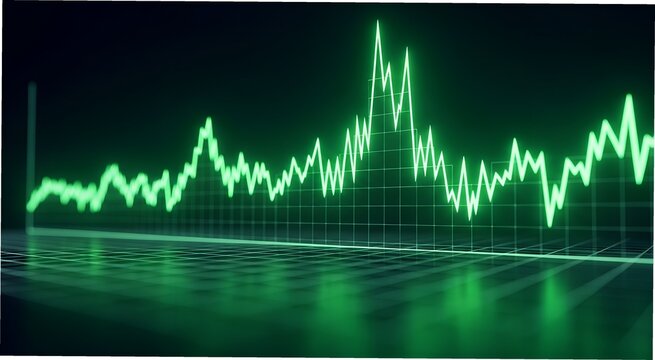 Vibrant green digital waveform graphic representing financial market fluctuations and data analysis on a dark background