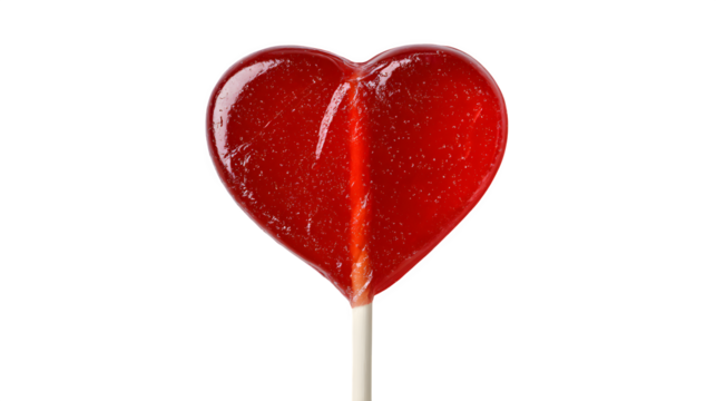 Heart-shaped red lollipop on white background