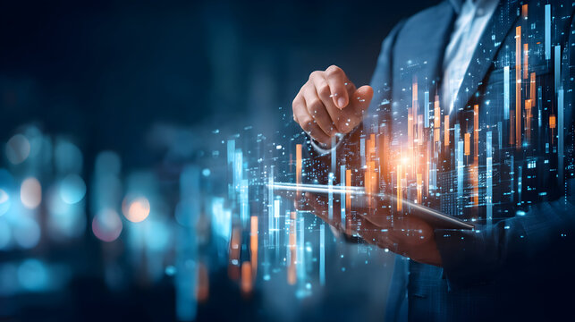 A businessman analyzes financial data charts displayed a tablet, showcasing business growth technological integration. - Powered by Adobe