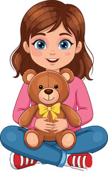Cartoon person hugging teddy bear, pink shirt, blue jeans, red sneakers, yellow bow, cross-legged pose, comfort, affection, vector illustration