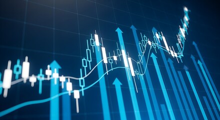Dynamic financial stock market graph with upward trending arrows and candlestick chart on a dark blue background