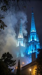 Fototapeta premium Glowing blue cathedral spires piercing through the night mist. Atmospheric and mystical scene. AI GENERATED. 