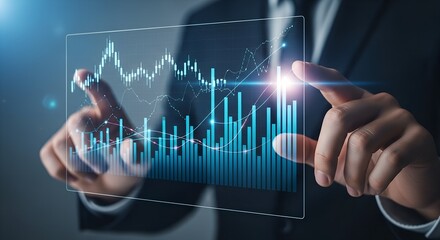 Businessman interacting with a futuristic holographic financial data display showing stock market growth and analysis