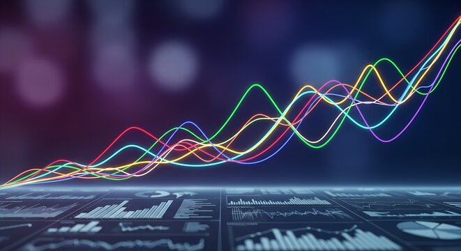 Colorful abstract financial data lines rising upwards over a digital interface with charts and graphs
