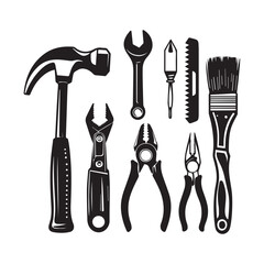 Vector art of collection of various hand tools including a hammer, wrench, pliers, chisel, saw, and brush, isolated on white background