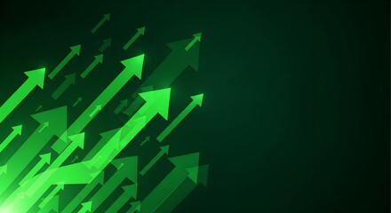 Bright green arrows ascend upwards against a dark background symbolizing growth and progress