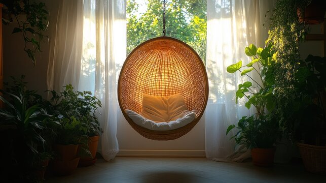 Cozy hanging chair by window, sunlight