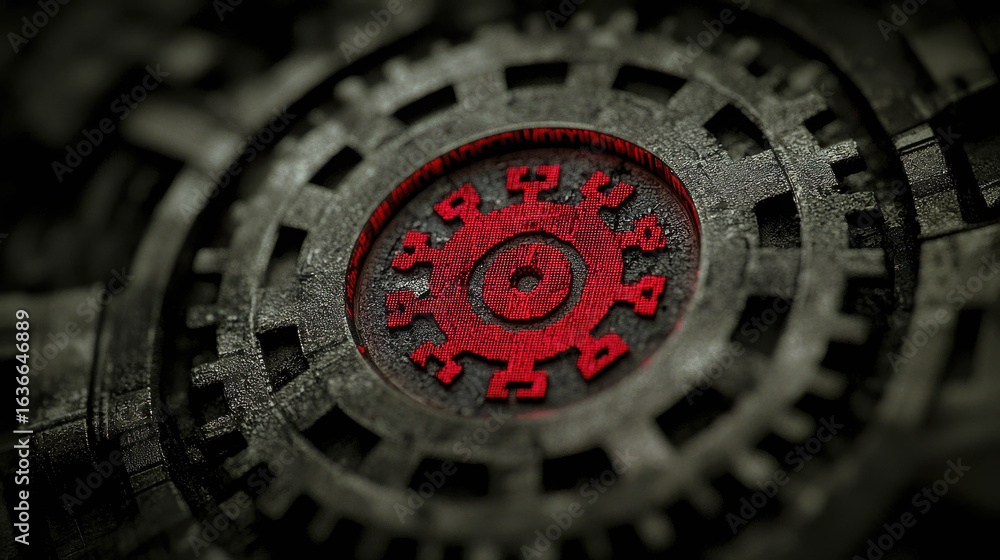 Poster intricate gear mechanism with red center design creating a futuristic industrial aesthetic for techn