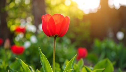 Obraz premium Red tulip in a garden, spring sunlight