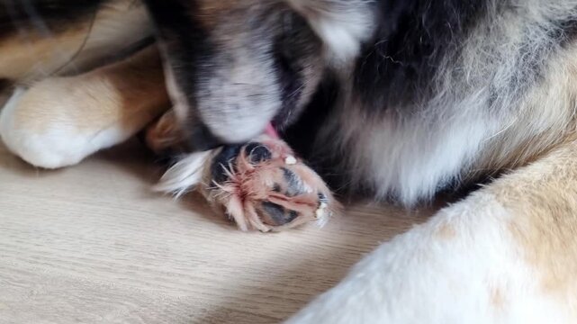 Close up of a dog licking its paw.