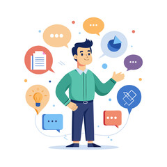 Creative man sharing ideas with speech bubble icons for teamwork, brainstorming, business communication, innovation, and digital marketing concepts
