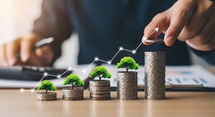 Persons hand placing a small plant on a stack of coins representing financial growth and investment success