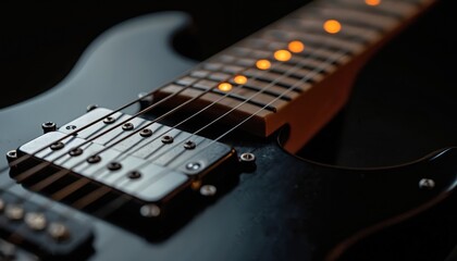 Fototapeta premium Close up of black electric guitar neck fretboard with glowing orange fret markers. Six strings run across pickups, wood grain. Focus on musical instrument detail, perfect for rock, metal, blues