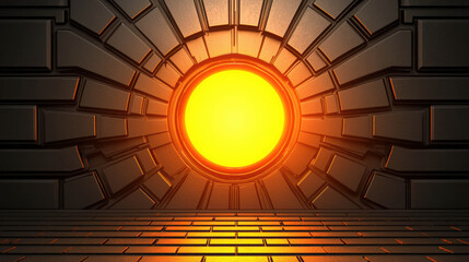 Fototapeta premium Radiant Sun Emerging from Geometric Circular Portal in Abstract Design, Depicting Light and Shadow Play in Futuristic Environment