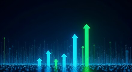 Glowing neon blue and green arrows rising upwards in a dark futuristic cityscape symbolizing growth and success