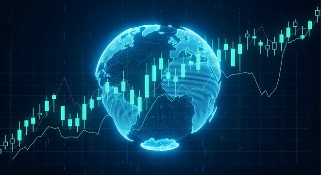 Futuristic glowing blue digital globe with financial stock market data charts and graphs overlay