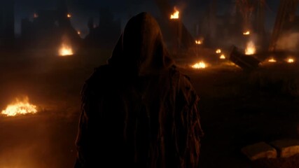 Hooded figure in cloak standing in burning battlefield at night with ruins and fire illuminating smoky war-torn landscape - Powered by Adobe