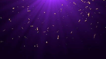 golden confetti rain falling on purple ligtht ray animation, abstract gold sale and cosmetics beauty social media motion background - Powered by Adobe