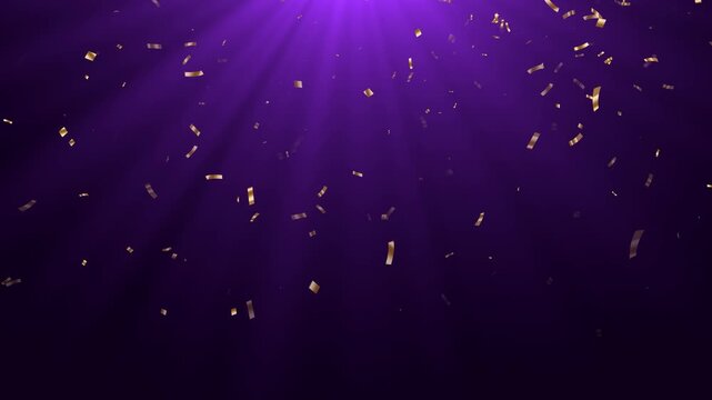 golden confetti rain falling on purple ligtht ray animation, abstract gold sale and cosmetics beauty social media motion background