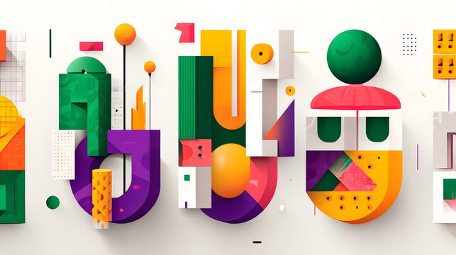 This image showcases a vibrant composition abstract 3D shapes geometric patterns bold colors, creating a modern playful design.