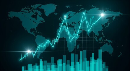 Global financial markets represented by a glowing stock market graph overlaid on a world map