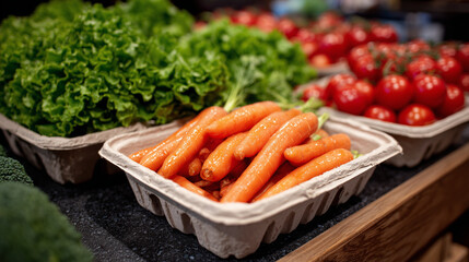 Farmers market-style setup with ripe seasonal vegetables in biodegradable clamshell containers. Carrots with greens, cherry tomatoes on the vine, and mixed lettuce blend into a sce