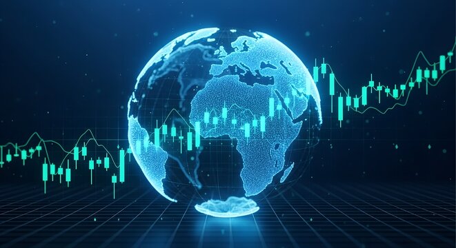 Digital glowing fingerprint globe with upward trending stock market financial charts on dark background