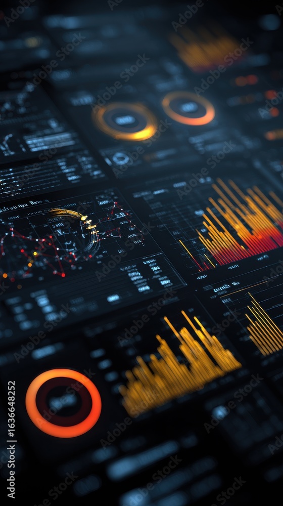 Poster stunning photo of futuristic digital financial data visualization showing metrics and graphs on a da