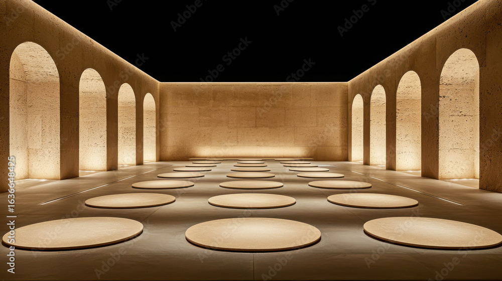 Poster modern minimalistic interior design showcasing circular platforms and elegant arches with soft light