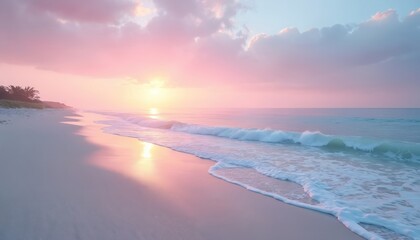 Serene beach scene with soft pink sunset light reflecting on calm ocean waves, sandy shore. Gentle sea surf with white foam washes onto wet sand. Palm trees visible in distance. Tranquil tropical