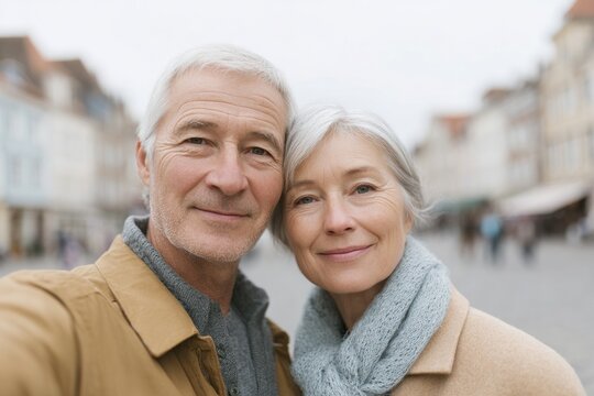 Smiling elderly couple enjoying time together in charming city s