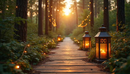 Obraz premium Enchanting forest wedding pathway illuminated by fairy lights and rustic lanterns. Wooden walkway leads through green plants, perfect for invitations, event details, and romantic celebrations.